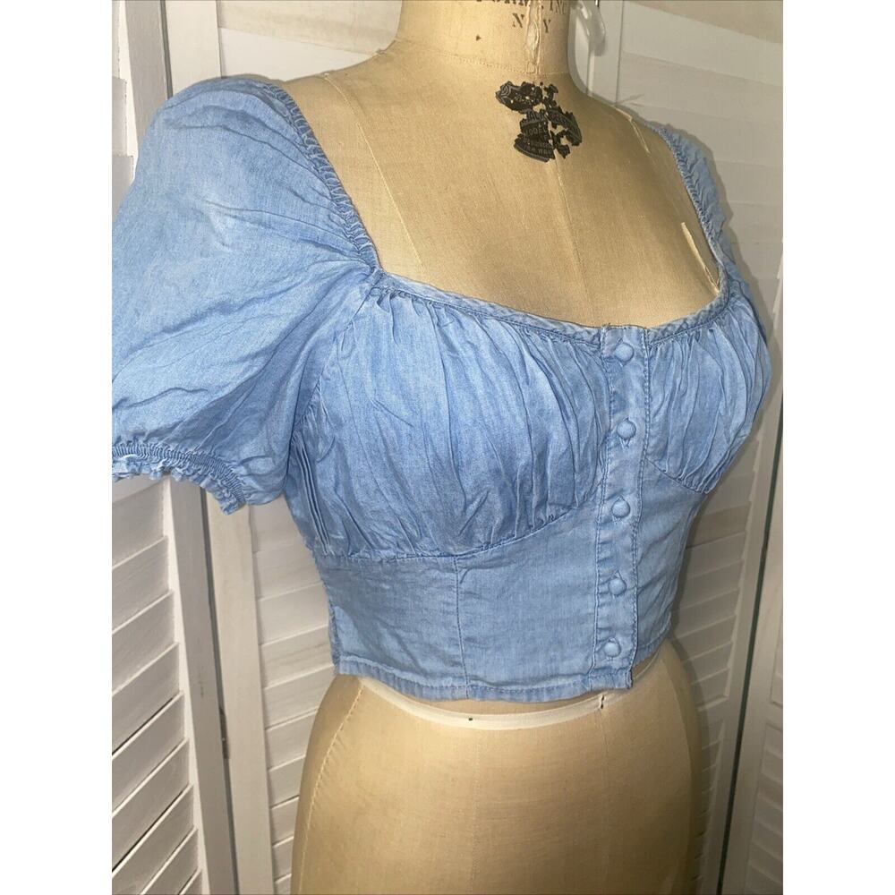 Dizzy Lizzy Denim Corset Puff Sleeve Cropped Top Blue Cottagecore Size Medium - Picture 7 of 8